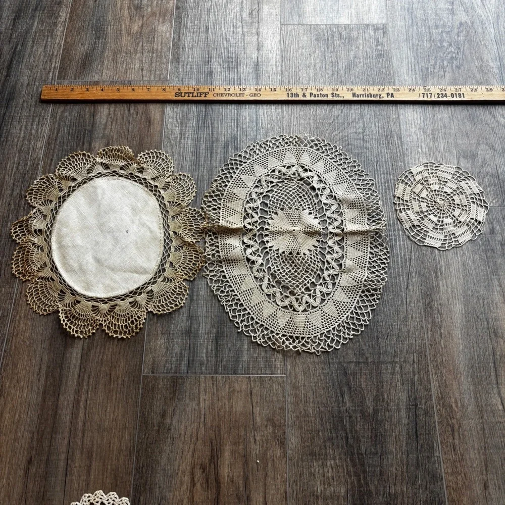 Vintage Handmade Crochet Lace Doily Lot 8pc Mixed Shapes Beige Cream Shabby Chic